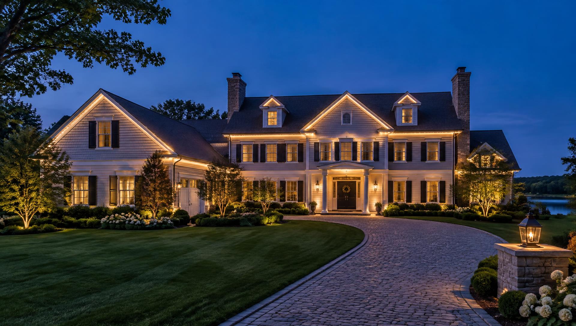 Luxury Connecticut home with permanent LED roofline lighting at dusk