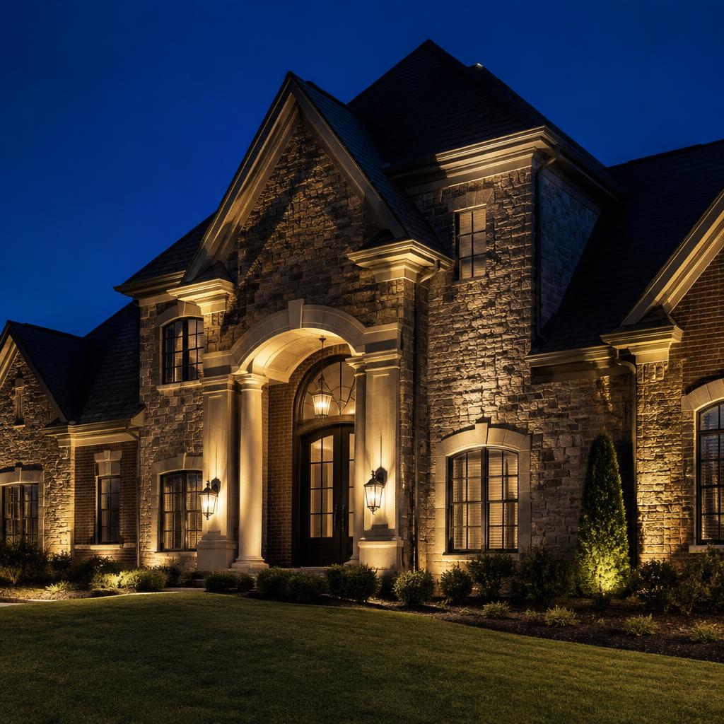Stone home facade highlighted by precision architectural accent lighting