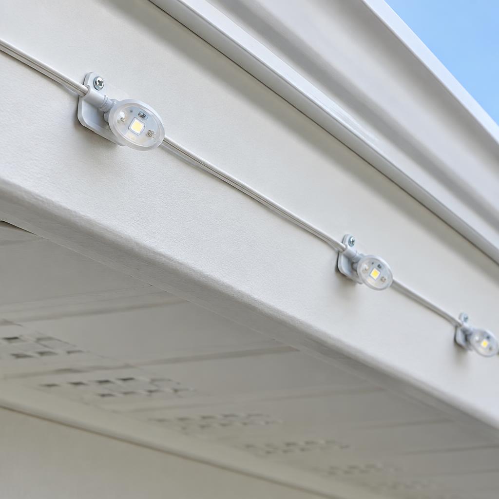 LED lights mounted with brackets directly on a home's soffit