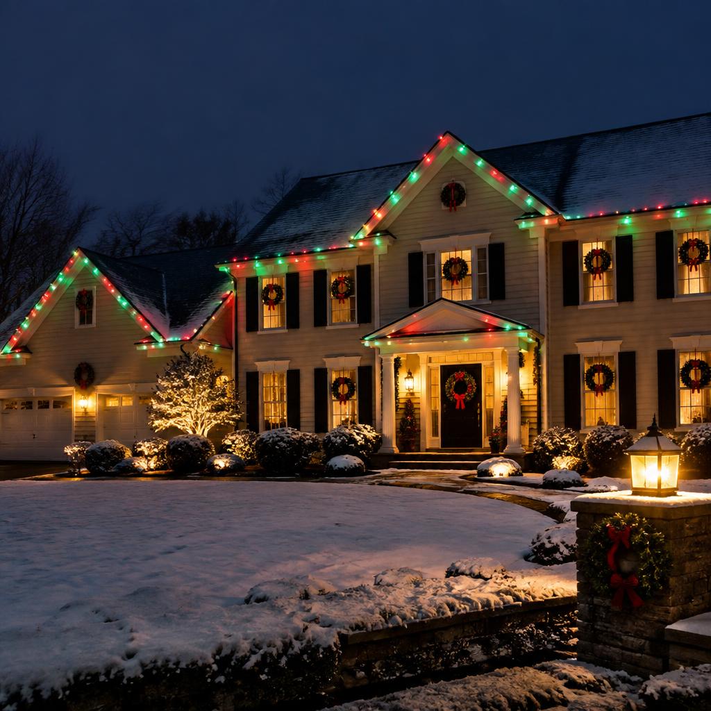 Home glowing with red and green permanent LED holiday lighting