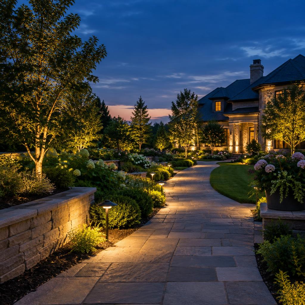 Landscaped garden pathway illuminated with professional LED lighting