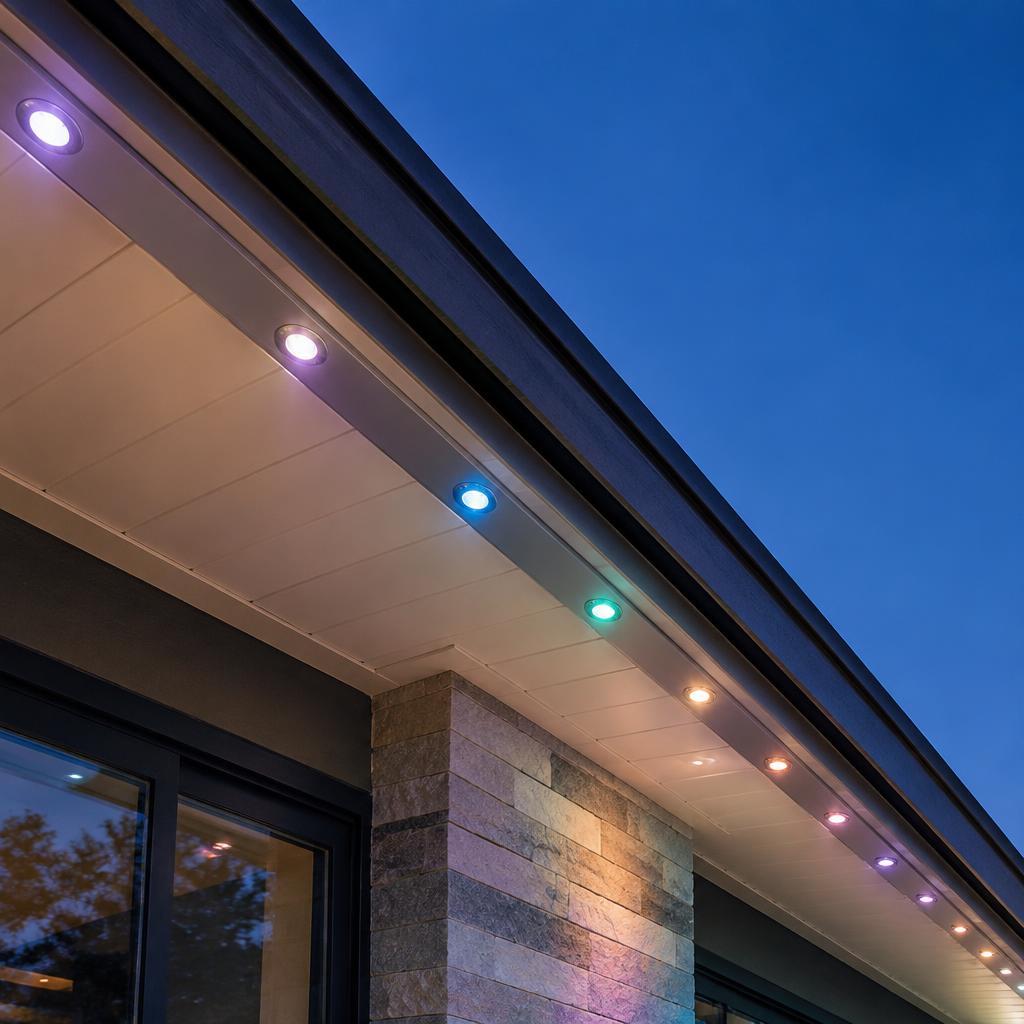 Permanent LED roofline lighting installed under a home's eaves