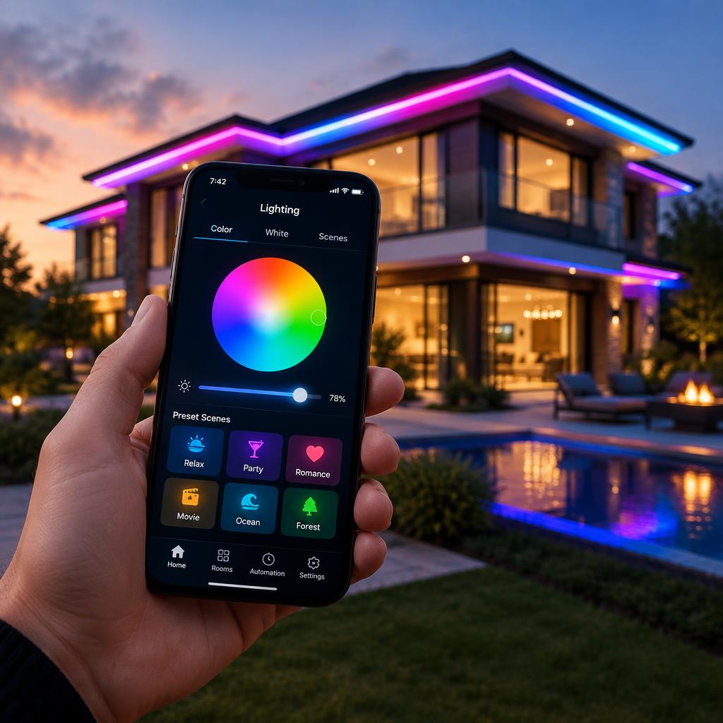 Smartphone app controlling color-changing LED home lighting