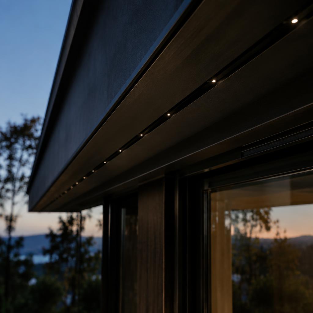 Color-matched aluminum track hiding LED wiring under a home's eaves